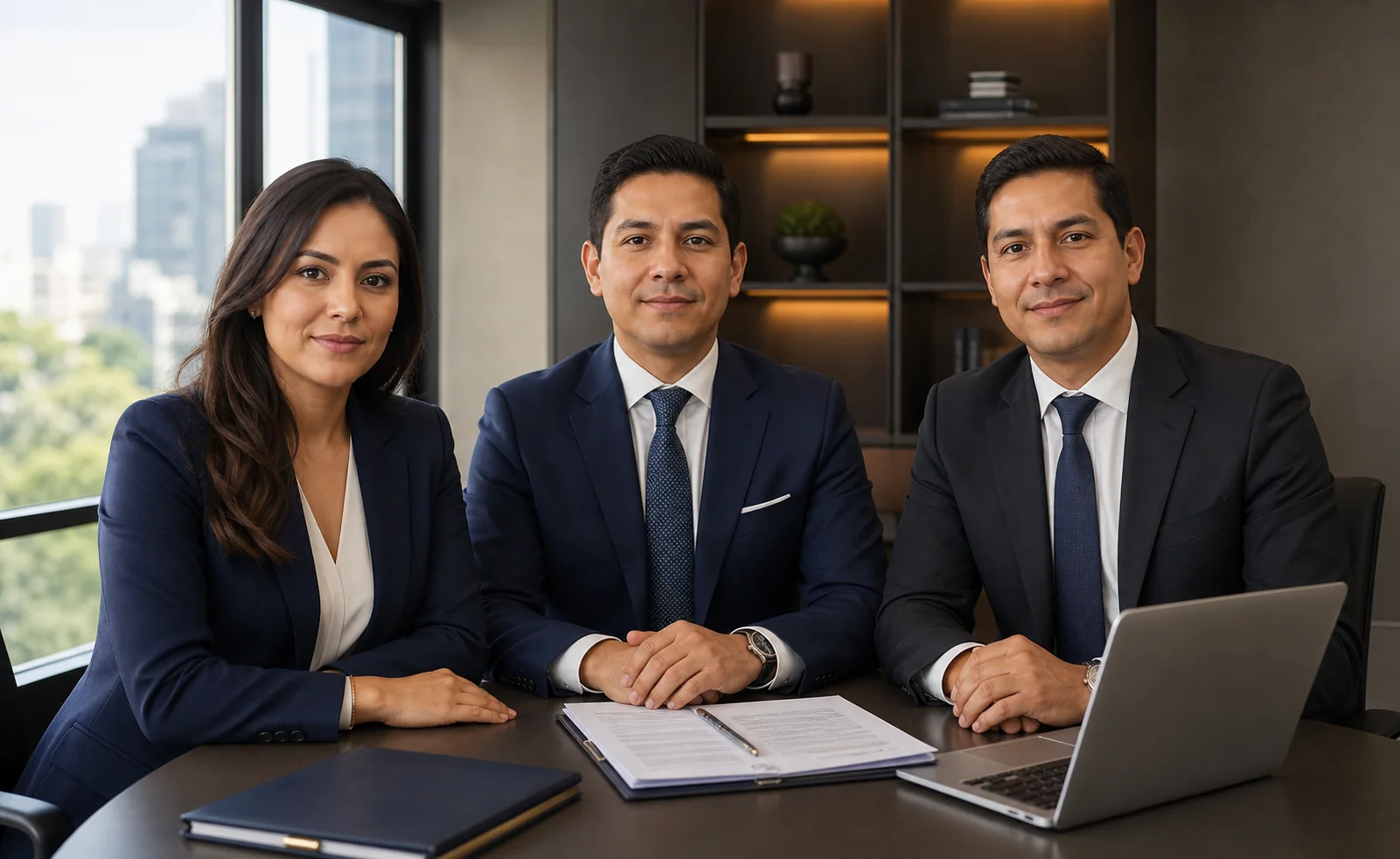 Equipo de tres asesores de Asesores M&R con traje formal en una oficina corporativa